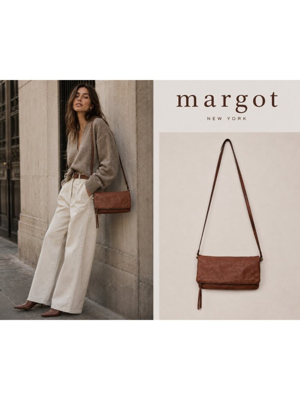 Margot New York Brown Leather Foldover Crossbody Shoulder Bag